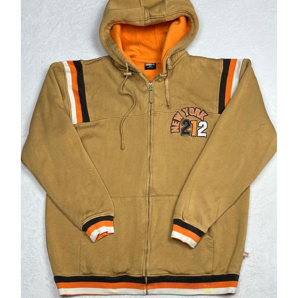 Vintage Delf New York 212 Full Zip‎ Hoodie Mens 2XL Tan Orange Striped
